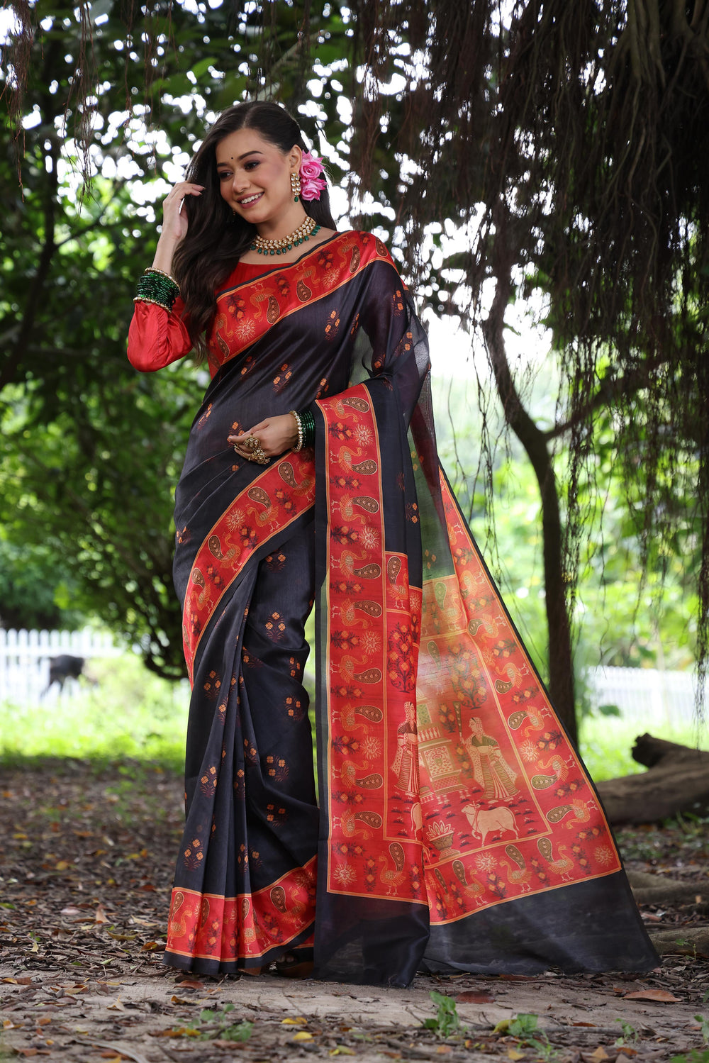 Black Pure Soft Tussar Silk with Kalamkari Printed Tussar Saree