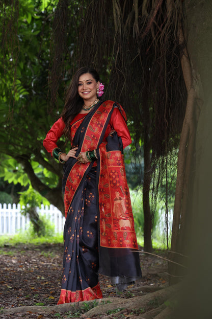 Black Pure Soft Tussar Silk with Kalamkari Printed Tussar Saree Tussar Saree Anant Tex Exports Pvt.Ltd..