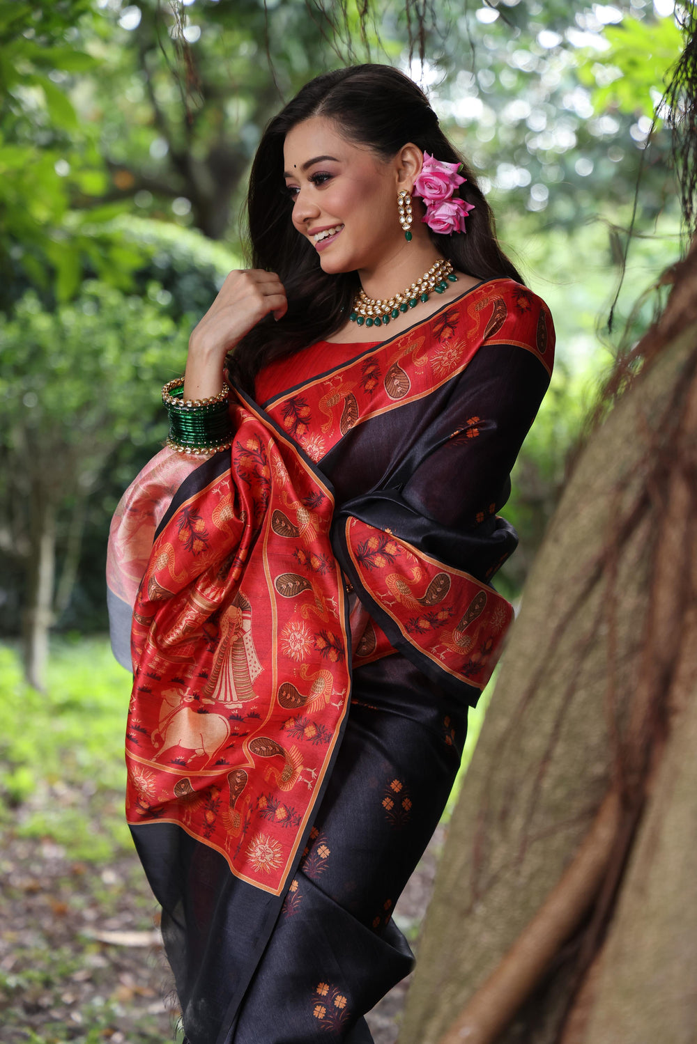 Black Pure Soft Tussar Silk with Kalamkari Printed Tussar Saree