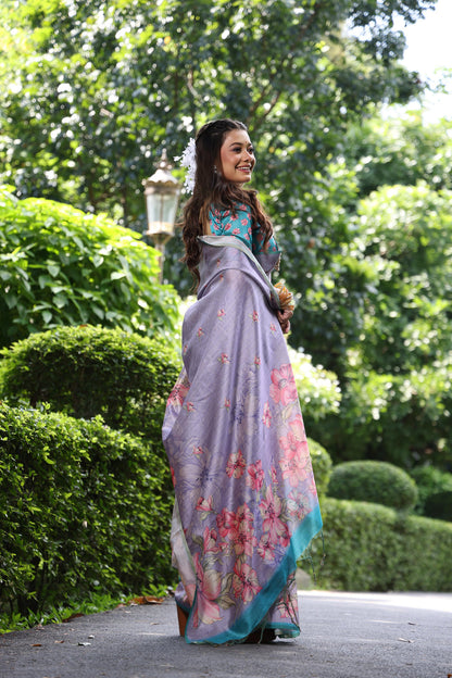 Purple Pure Soft Tussar Silk with Floral Print Tussar Saree Tussar Saree Anant Tex Exports Pvt.Ltd..