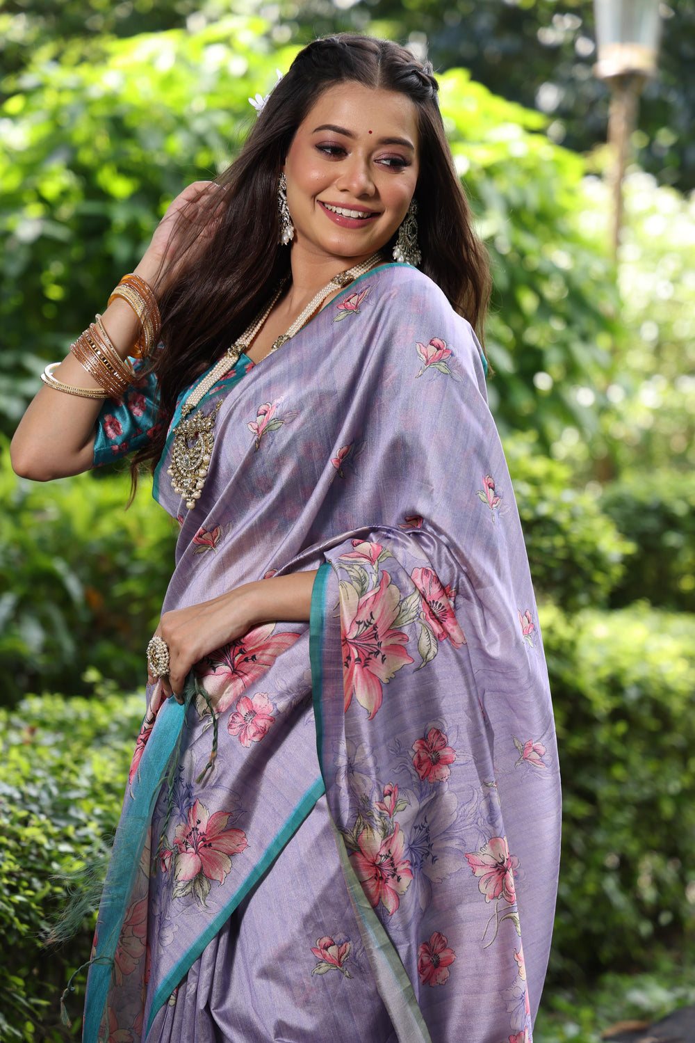 Purple Pure Soft Tussar Silk with Floral Print Tussar Saree
