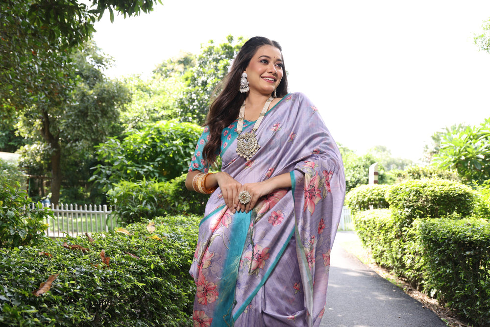 Purple Pure Soft Tussar Silk with Floral Print Tussar Saree