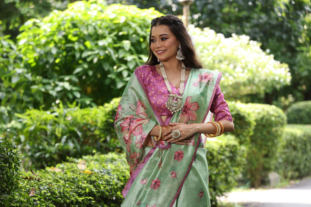 Pista Pure Soft Tussar Silk with Floral Print Tussar Saree
