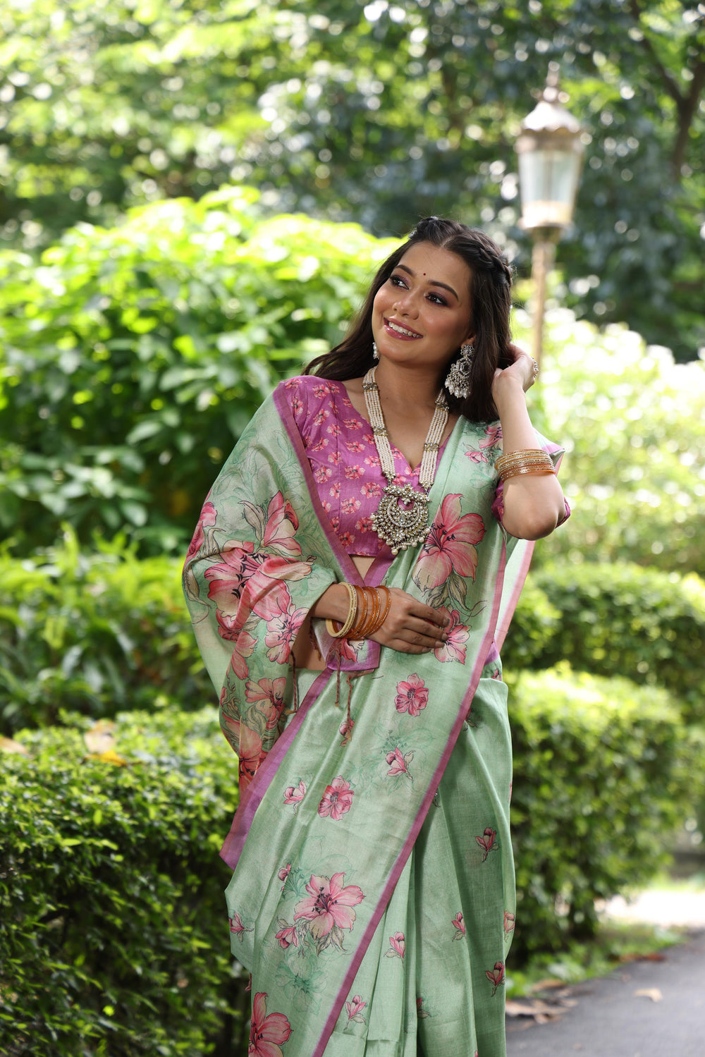 Pista Pure Soft Tussar Silk with Floral Print Tussar Saree