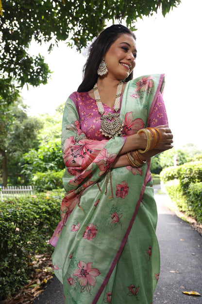 Pista Pure Soft Tussar Silk with Floral Print Tussar Saree Tussar Saree Anant Tex Exports Pvt.Ltd..