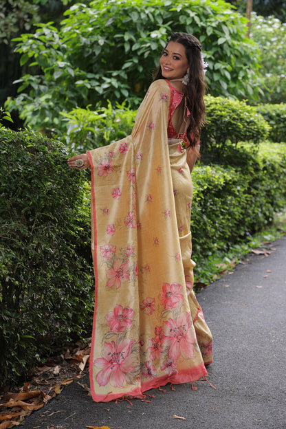 Yellow Pure Soft Tussar Silk with Floral Print Tussar Saree Tussar Saree Anant Tex Exports Pvt.Ltd..