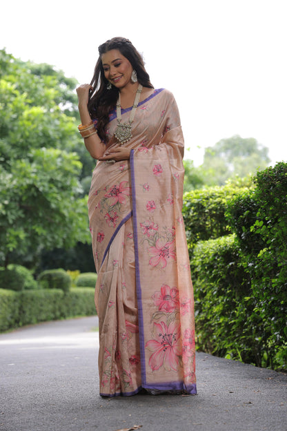 Cream Pure Soft Tussar Silk with Floral Print Tussar Saree Tussar Saree Anant Tex Exports Pvt.Ltd..