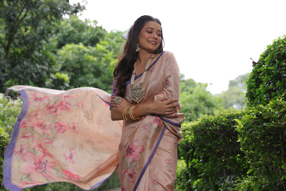 Cream Pure Soft Tussar Silk with Floral Print Tussar Saree