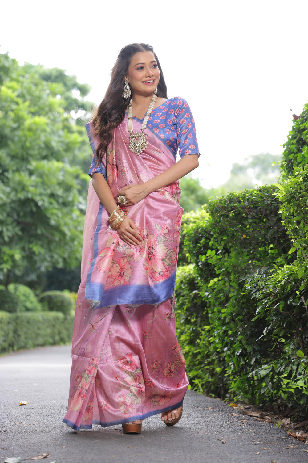 Pink Pure Soft Tussar Silk with Floral Print Tussar Saree