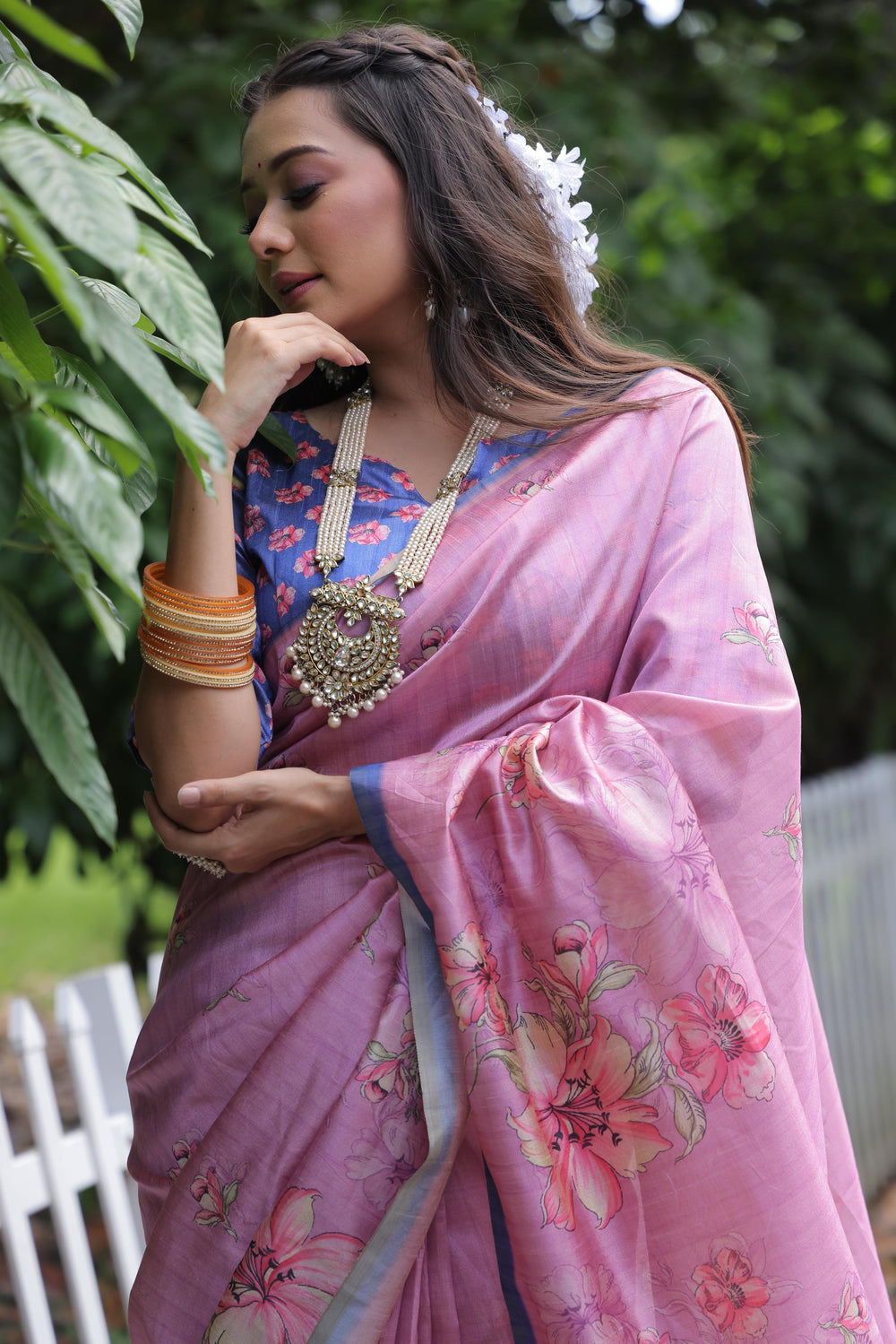 Pink Pure Soft Tussar Silk with Floral Print Tussar Saree Tussar Saree Anant Tex Exports Pvt.Ltd..