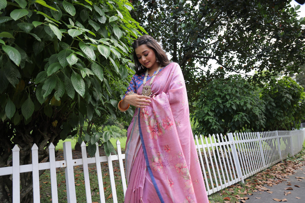 Pink Pure Soft Tussar Silk with Floral Print Tussar Saree