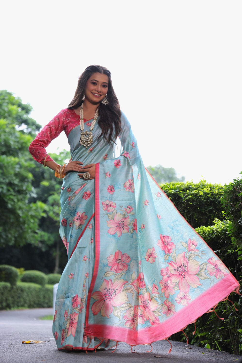 Firozi Pure Soft Tussar Silk with Floral Print Tussar Saree