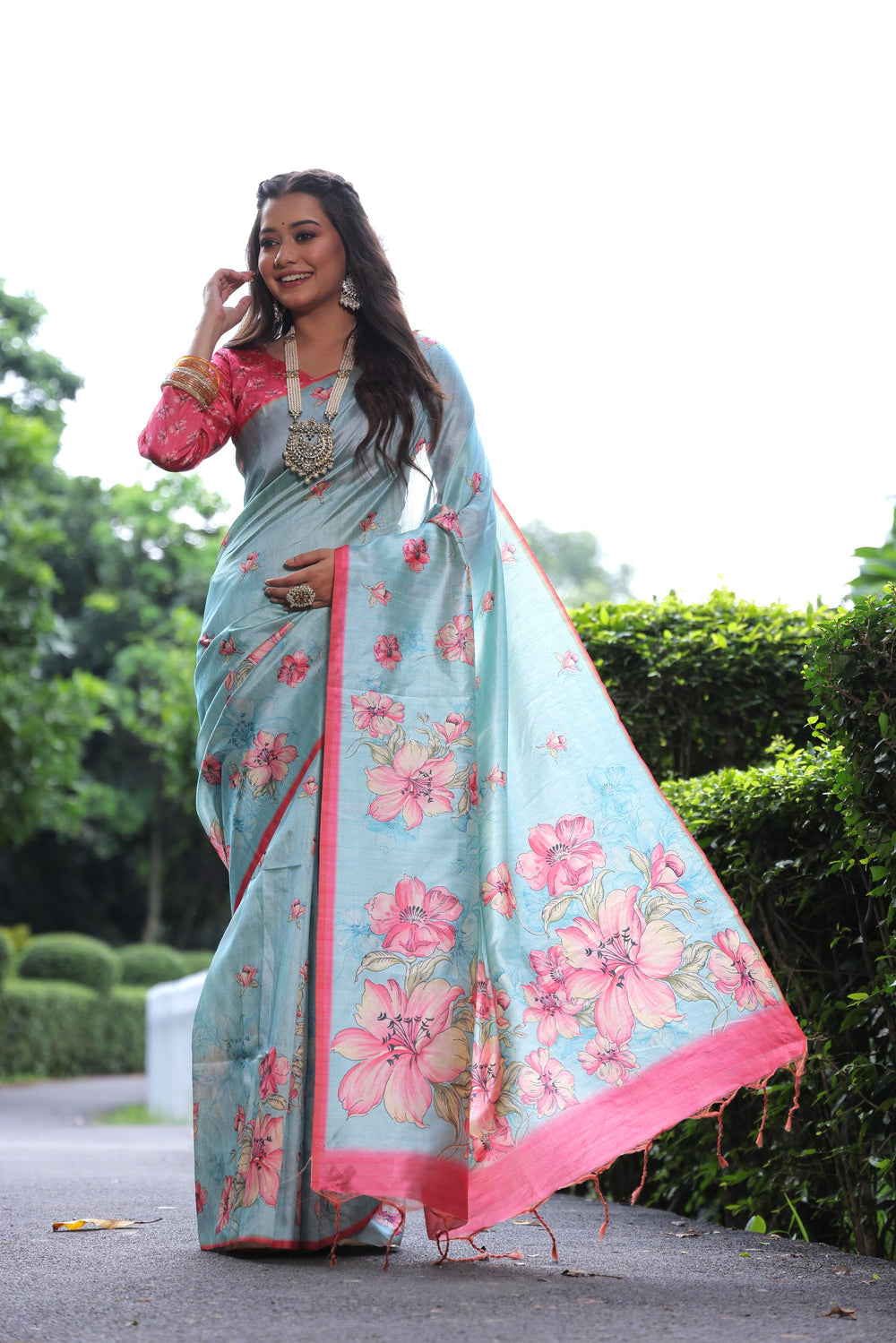 Firozi Pure Soft Tussar Silk with Floral Print Tussar Saree Tussar Saree Anant Tex Exports Pvt.Ltd..