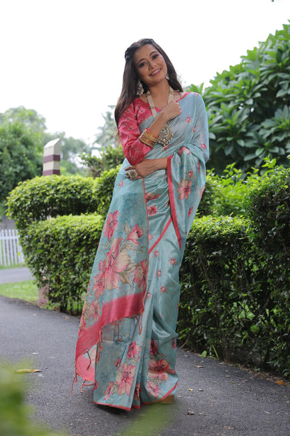 Firozi Pure Soft Tussar Silk with Floral Print Tussar Saree Tussar Saree Anant Tex Exports Pvt.Ltd..