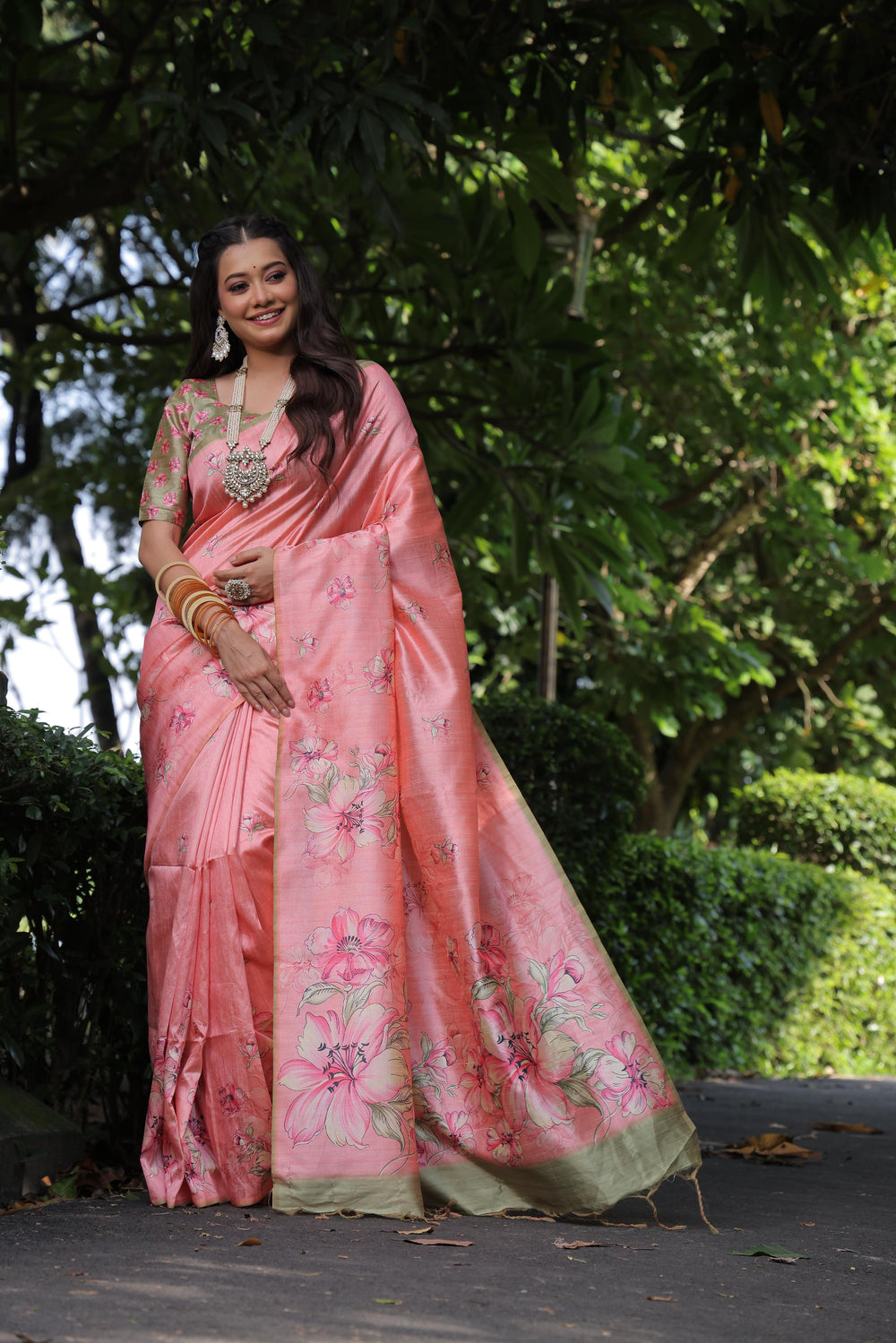 Peach Pure Soft Tussar Silk with Floral Print Tussar Saree