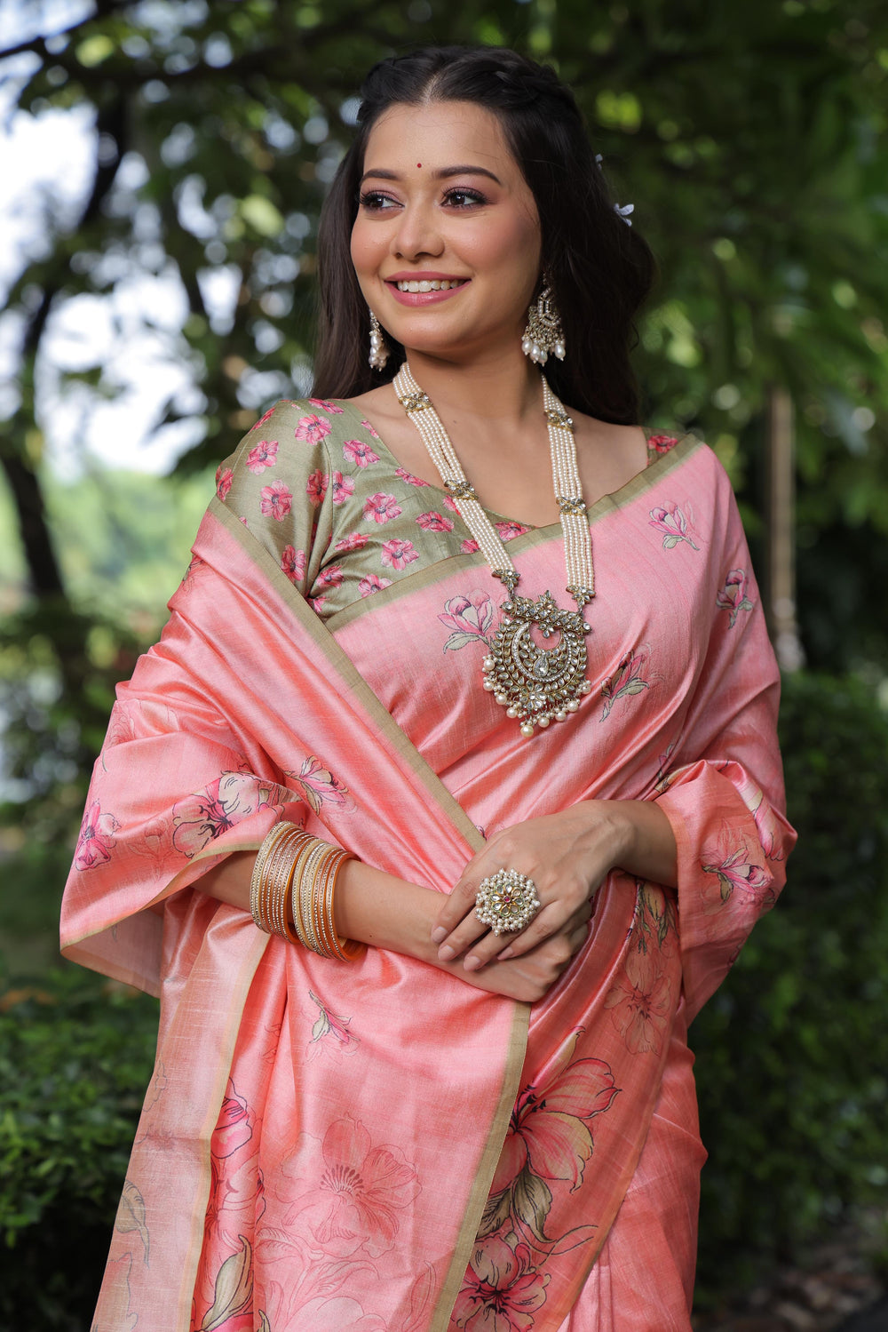 Peach Pure Soft Tussar Silk with Floral Print Tussar Saree