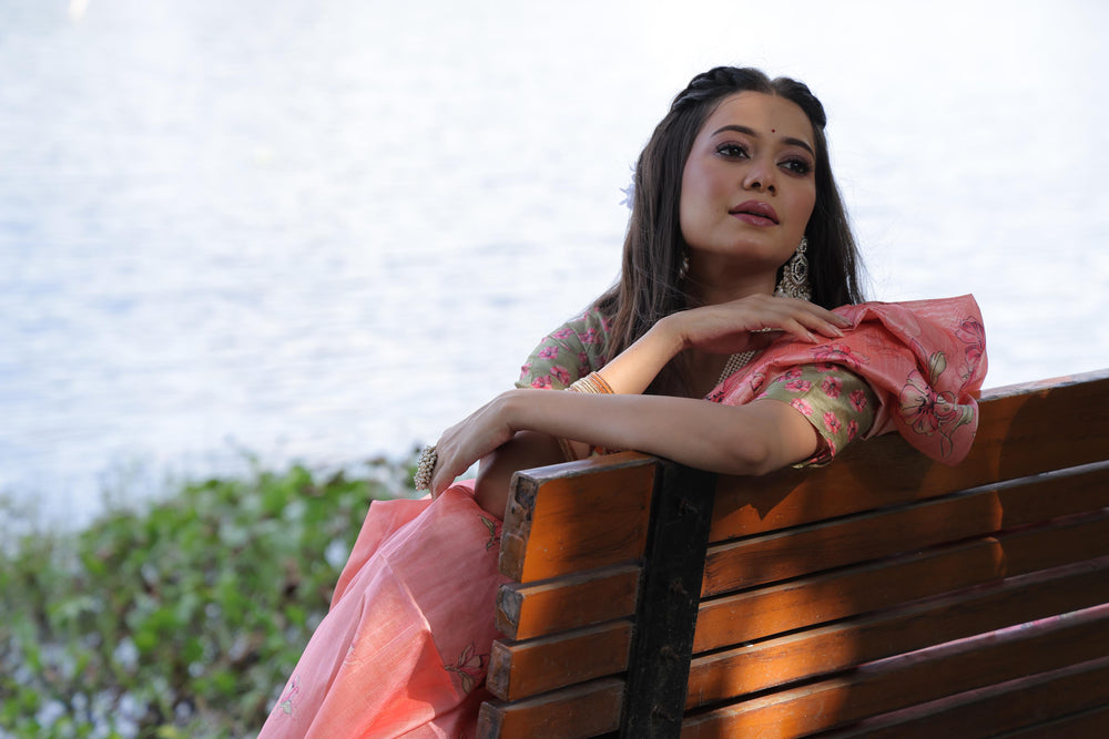 Peach Pure Soft Tussar Silk with Floral Print Tussar Saree