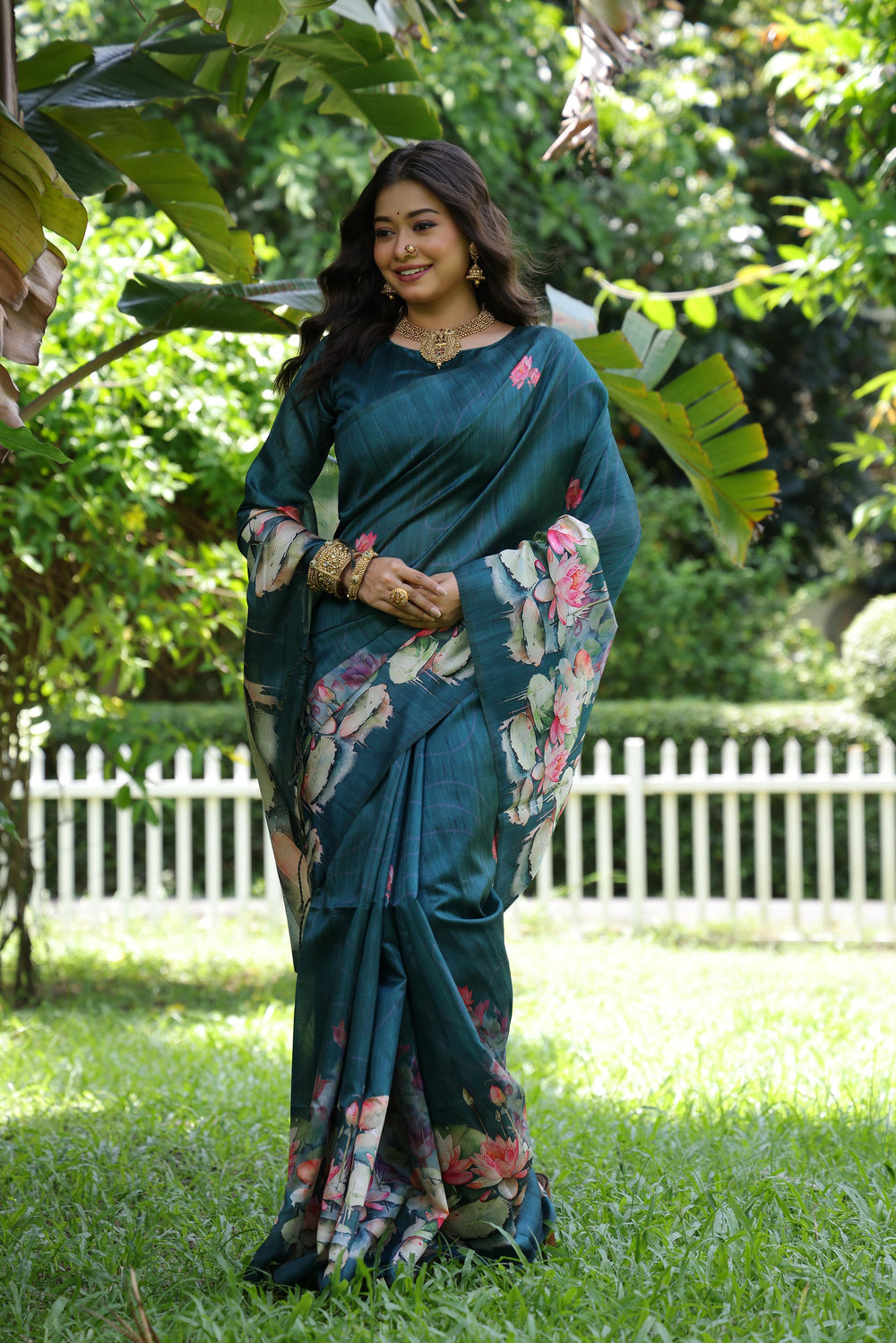 Rama Pure Soft Tussar Silk with Lotus Print Tussar Saree
