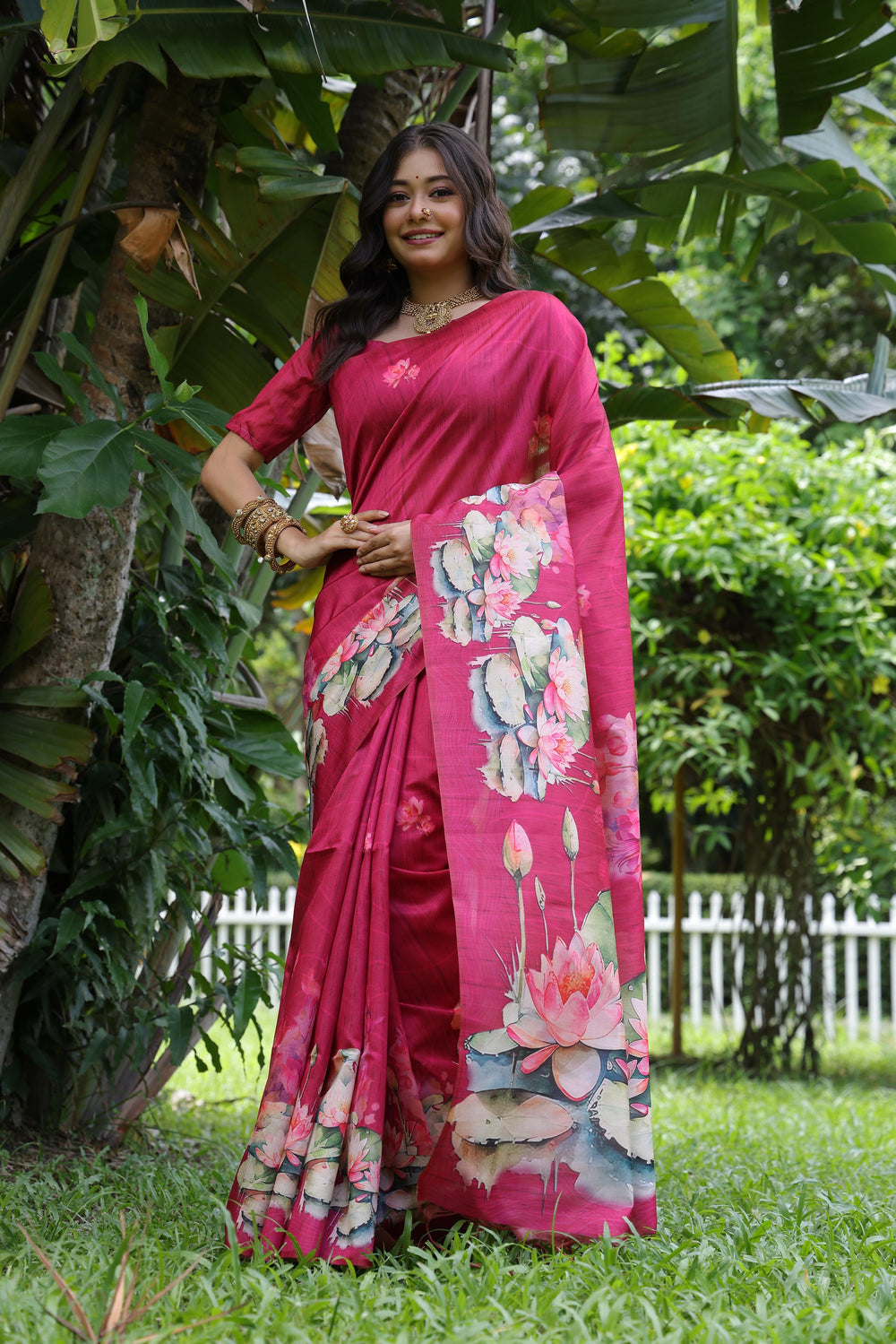 Pink Pure Soft Tussar Silk with Lotus Print Tussar Saree Tussar Saree Anant Tex Exports Pvt.Ltd..