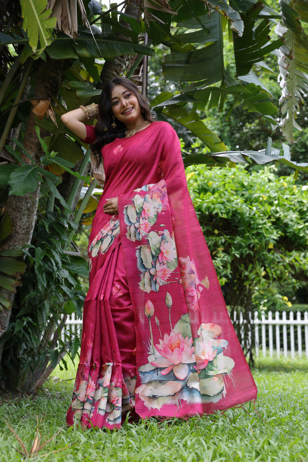 Pink Pure Soft Tussar Silk with Lotus Print Tussar Saree