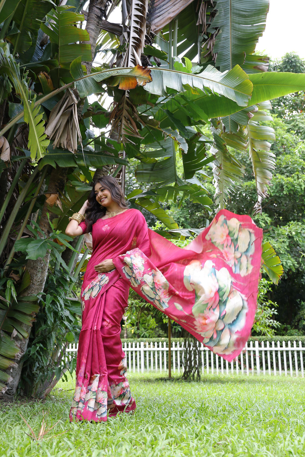 Pink Pure Soft Tussar Silk with Lotus Print Tussar Saree