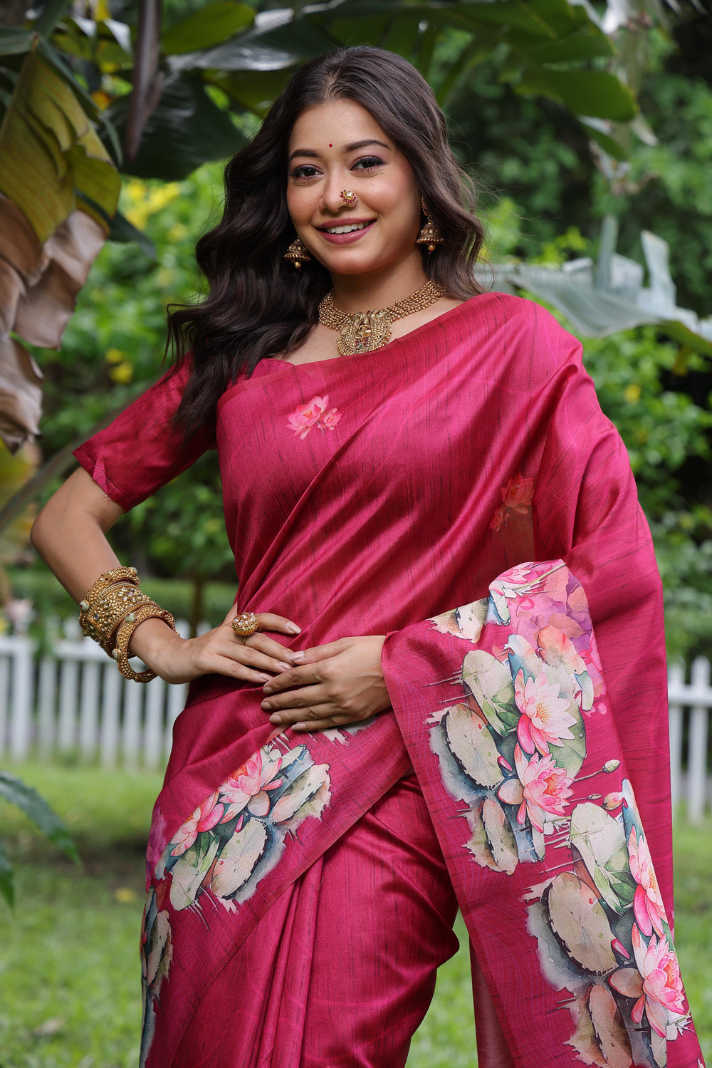 Pink Pure Soft Tussar Silk with Lotus Print Tussar Saree Tussar Saree Anant Tex Exports Pvt.Ltd..