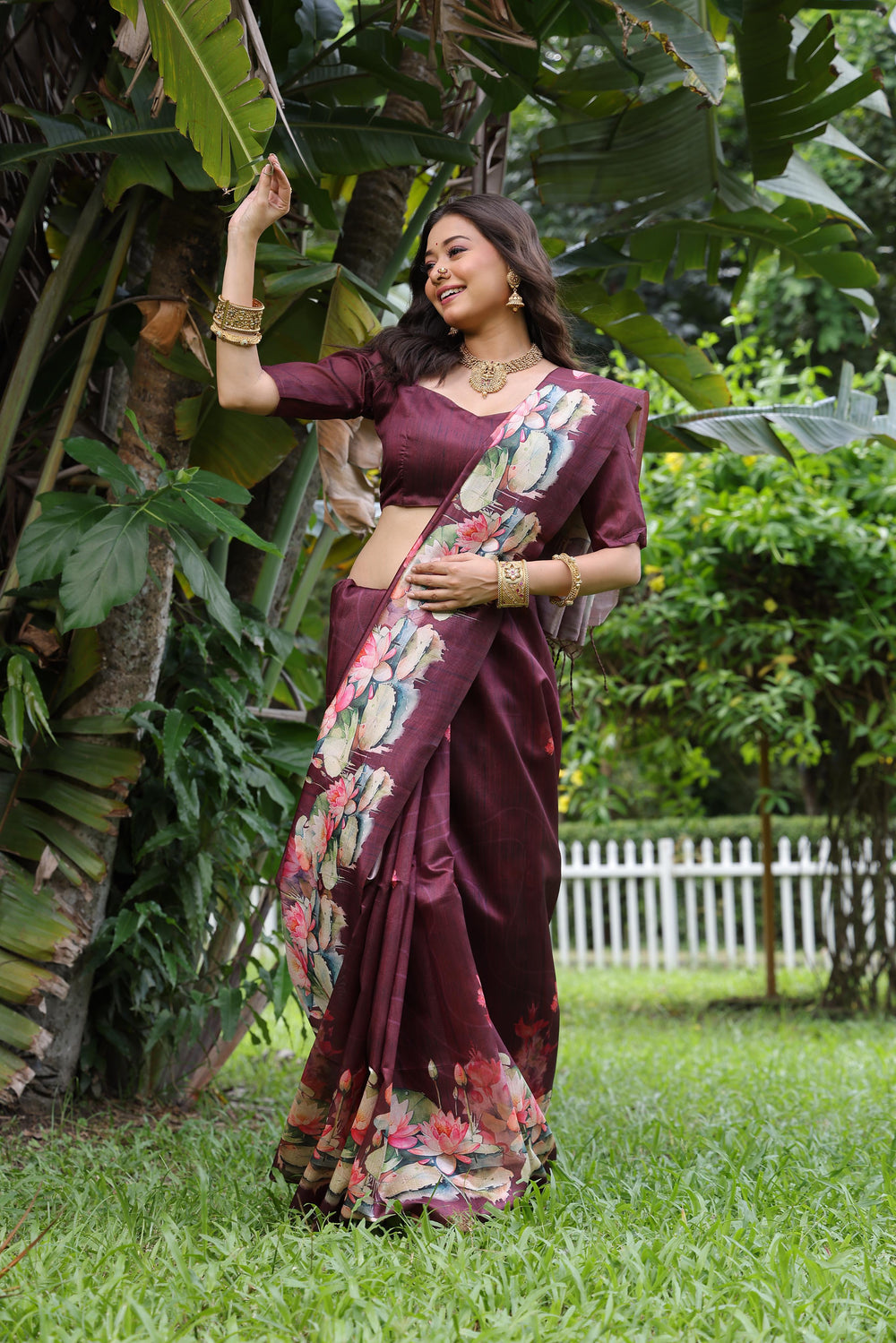 Brown Pure Soft Tussar Silk with Lotus Print Tussar Saree