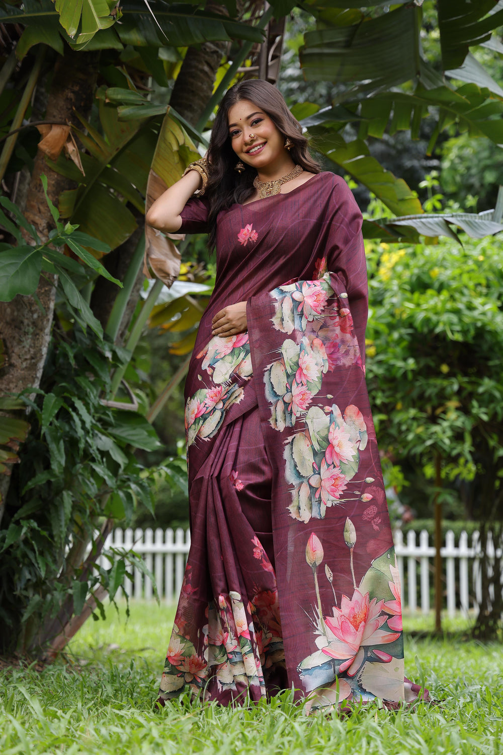 Brown Pure Soft Tussar Silk with Lotus Print Tussar Saree Tussar Saree Anant Tex Exports Pvt.Ltd..