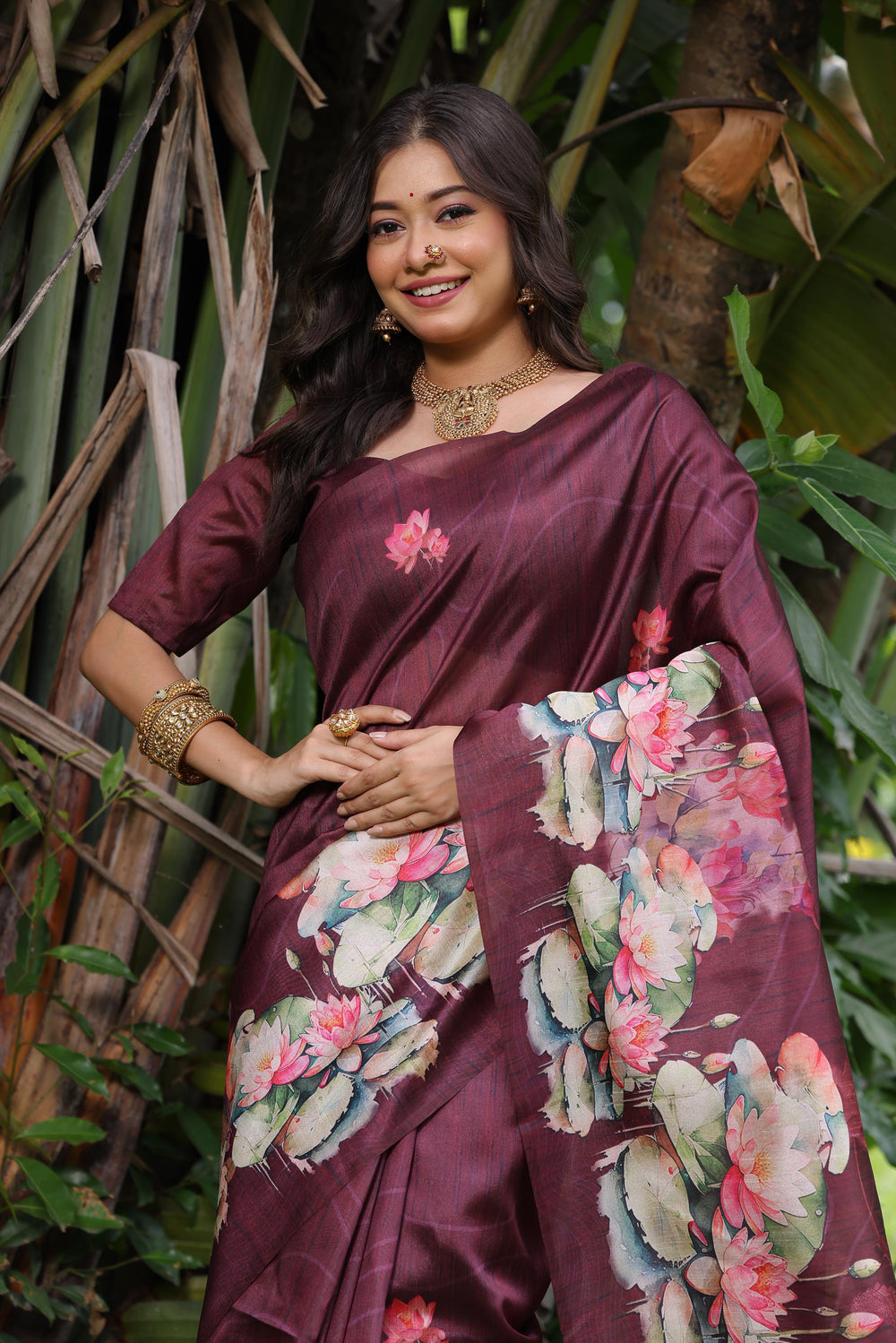 Brown Pure Soft Tussar Silk with Lotus Print Tussar Saree Tussar Saree Anant Tex Exports Pvt.Ltd..