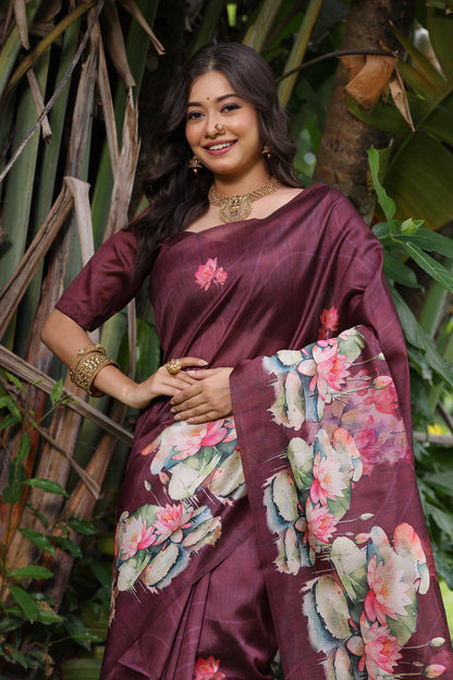 Brown Pure Soft Tussar Silk with Lotus Print Tussar Saree Tussar Saree Anant Tex Exports Pvt.Ltd..