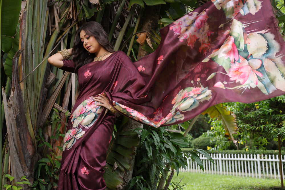 Brown Pure Soft Tussar Silk with Lotus Print Tussar Saree