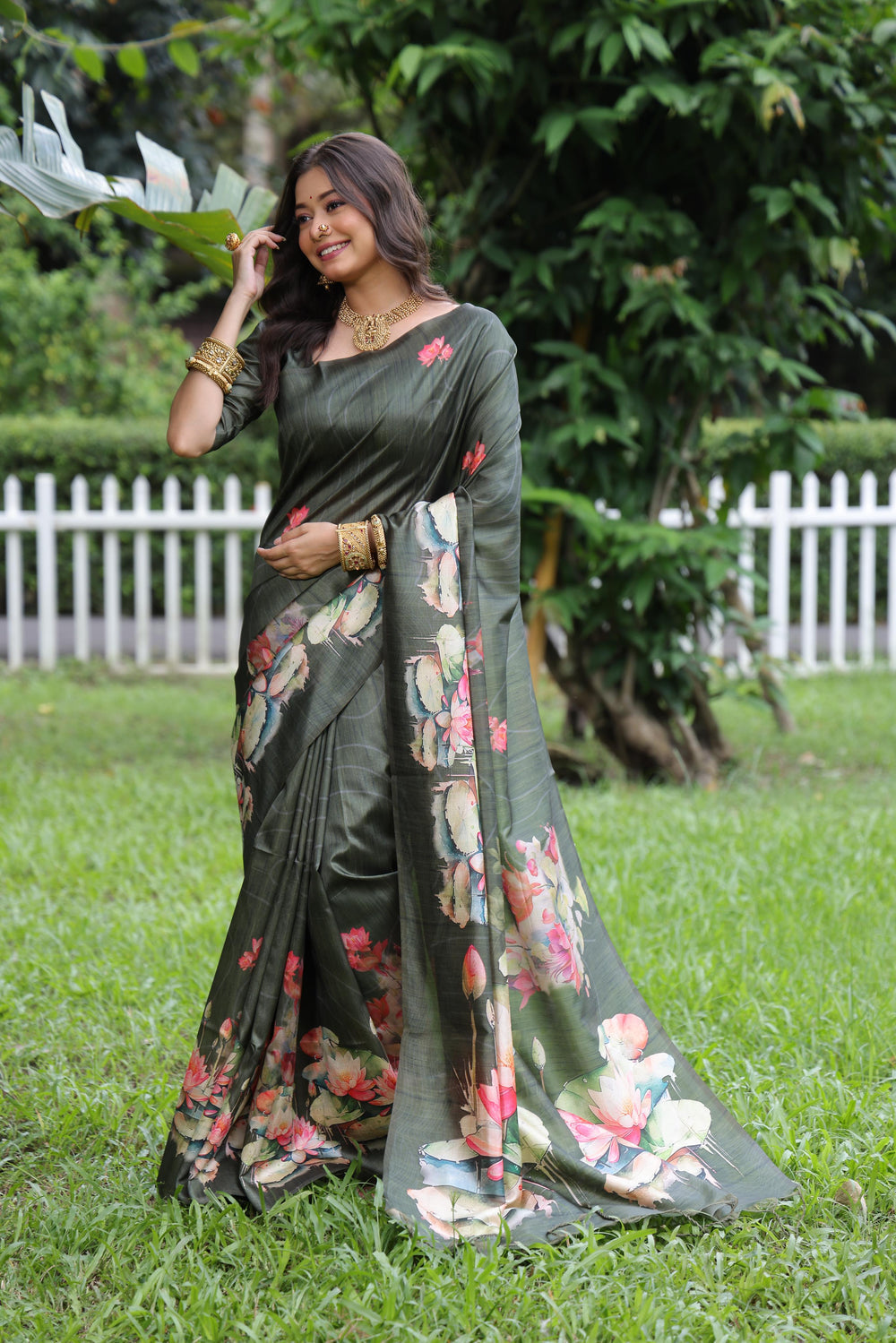 Mahendi Pure Soft Tussar Silk with Lotus Print Tussar Saree Tussar Saree Anant Tex Exports Pvt.Ltd..