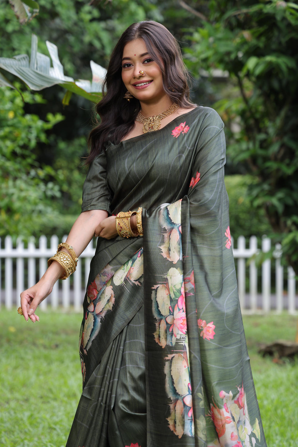 Mahendi Pure Soft Tussar Silk with Lotus Print Tussar Saree