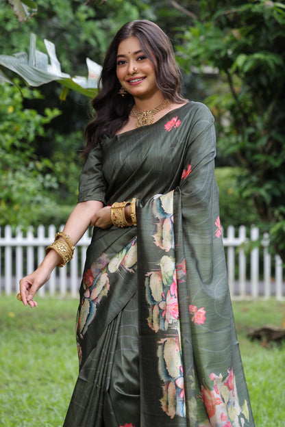 Mahendi Pure Soft Tussar Silk with Lotus Print Tussar Saree Tussar Saree Anant Tex Exports Pvt.Ltd..