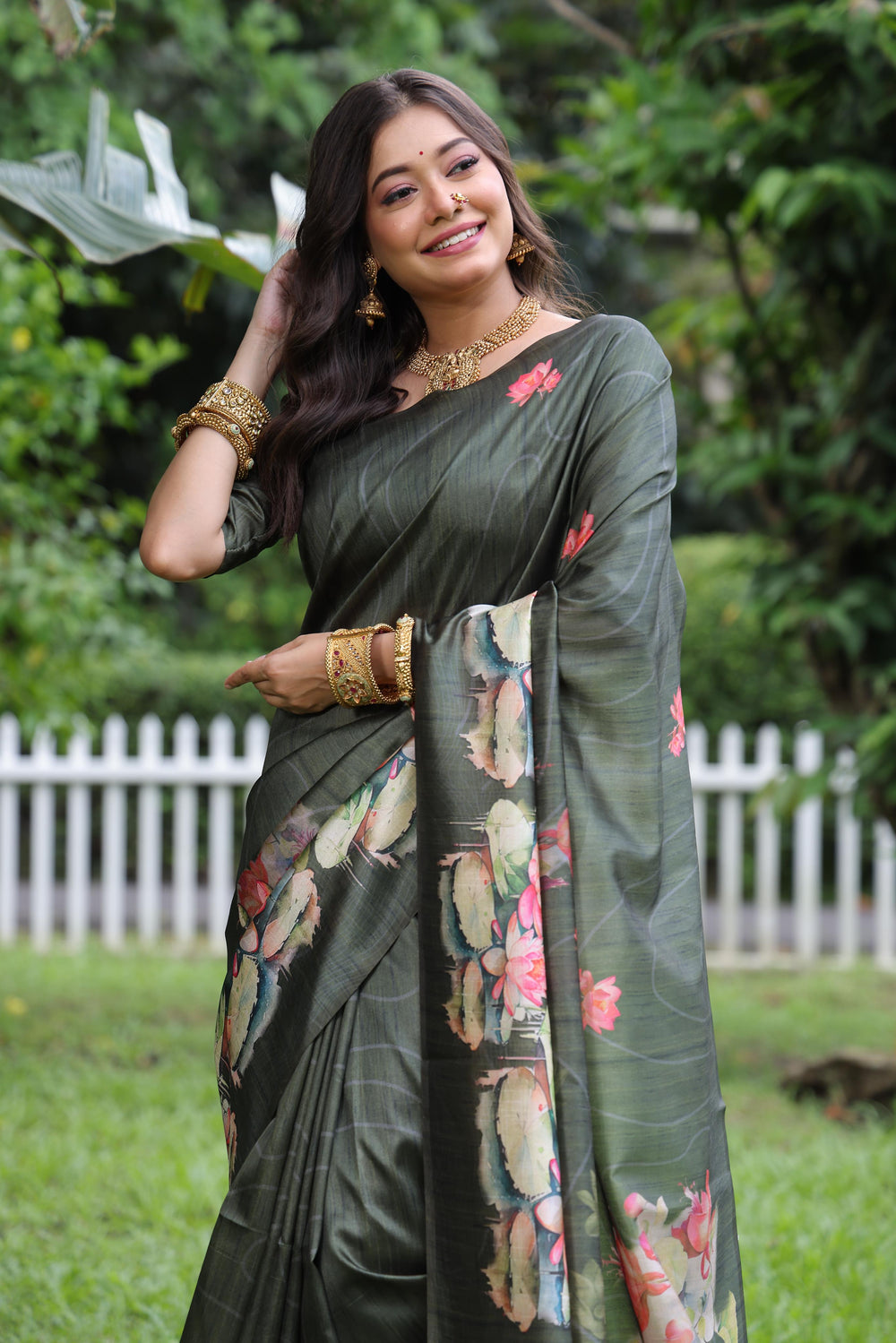 Mahendi Pure Soft Tussar Silk with Lotus Print Tussar Saree Tussar Saree Anant Tex Exports Pvt.Ltd..