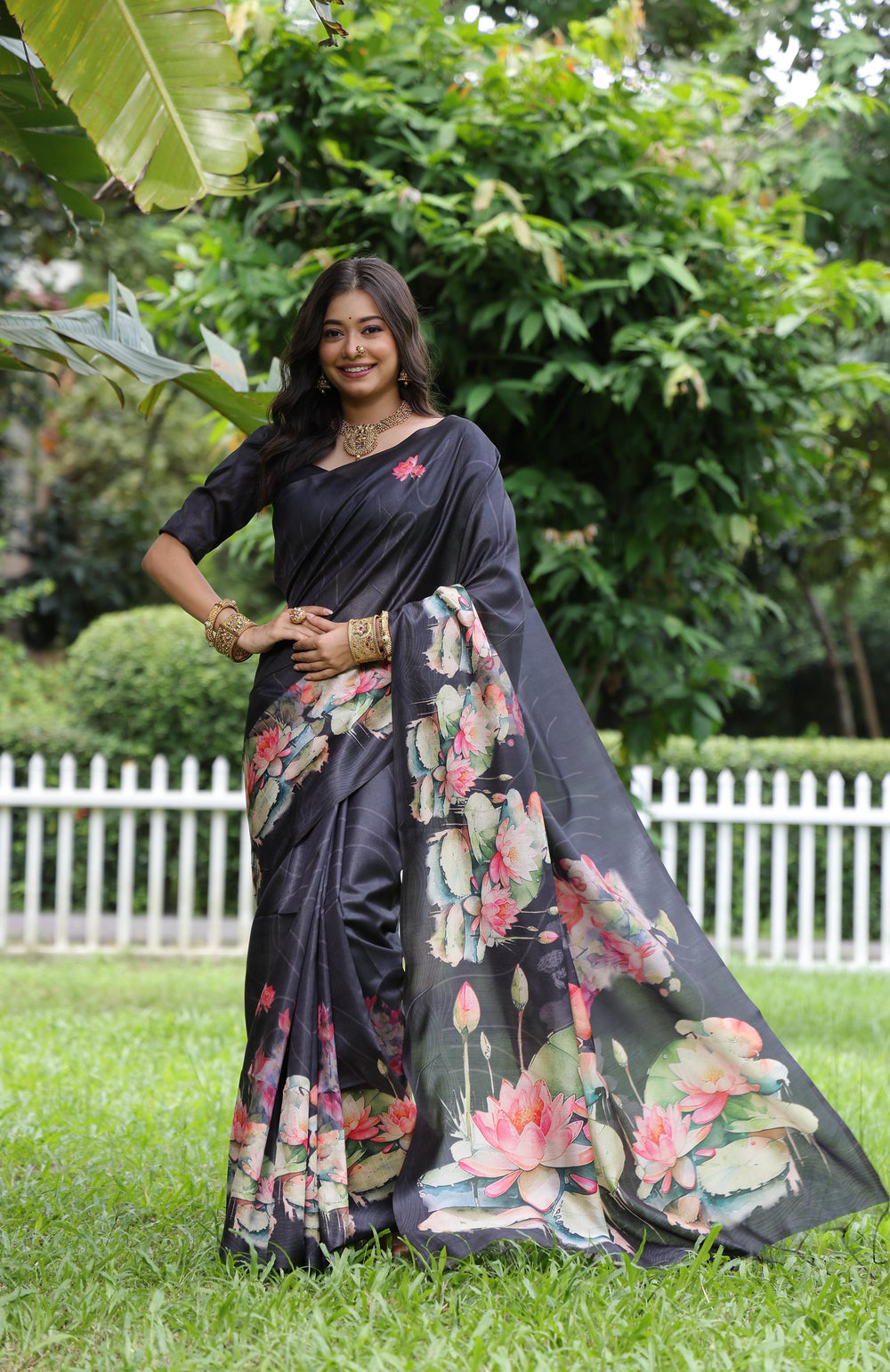 Black Pure Soft Tussar Silk with Lotus Print Tussar Saree