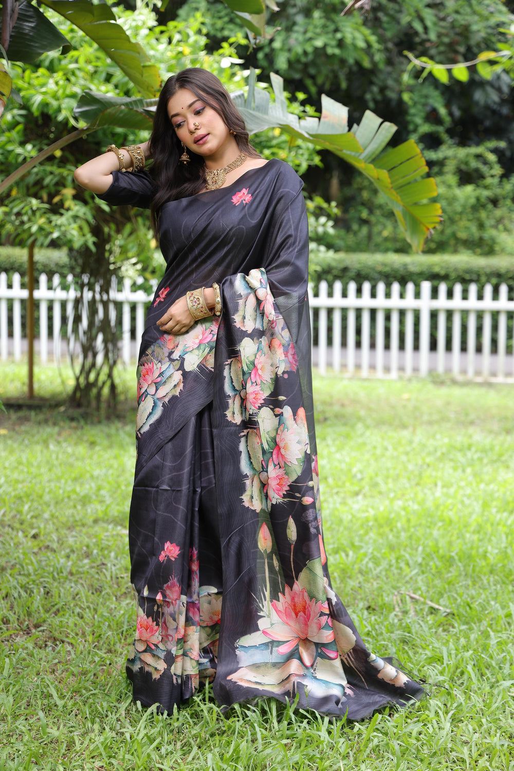 Black Pure Soft Tussar Silk with Lotus Print Tussar Saree
