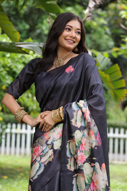 Black Pure Soft Tussar Silk with Lotus Print Tussar Saree Tussar Saree Anant Tex Exports Pvt.Ltd..