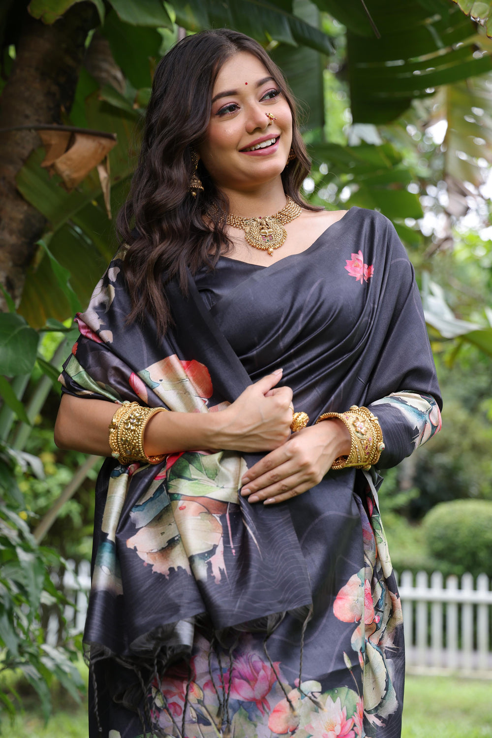 Black Pure Soft Tussar Silk with Lotus Print Tussar Saree