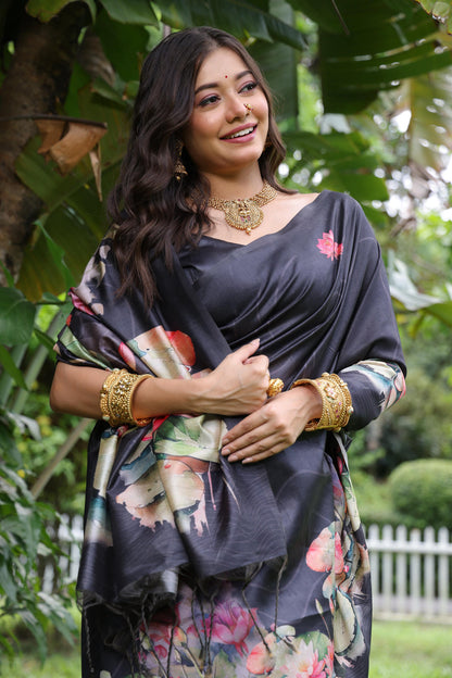 Black Pure Soft Tussar Silk with Lotus Print Tussar Saree Tussar Saree Anant Tex Exports Pvt.Ltd..