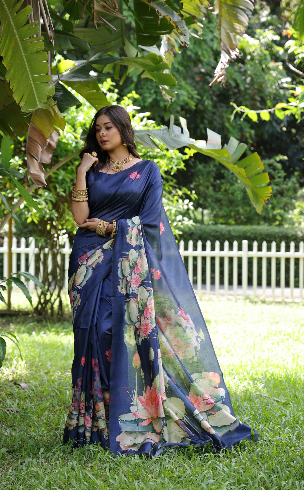 Blue Pure Soft Tussar Silk with Lotus Print Tussar Saree Tussar Saree Anant Tex Exports Pvt.Ltd..