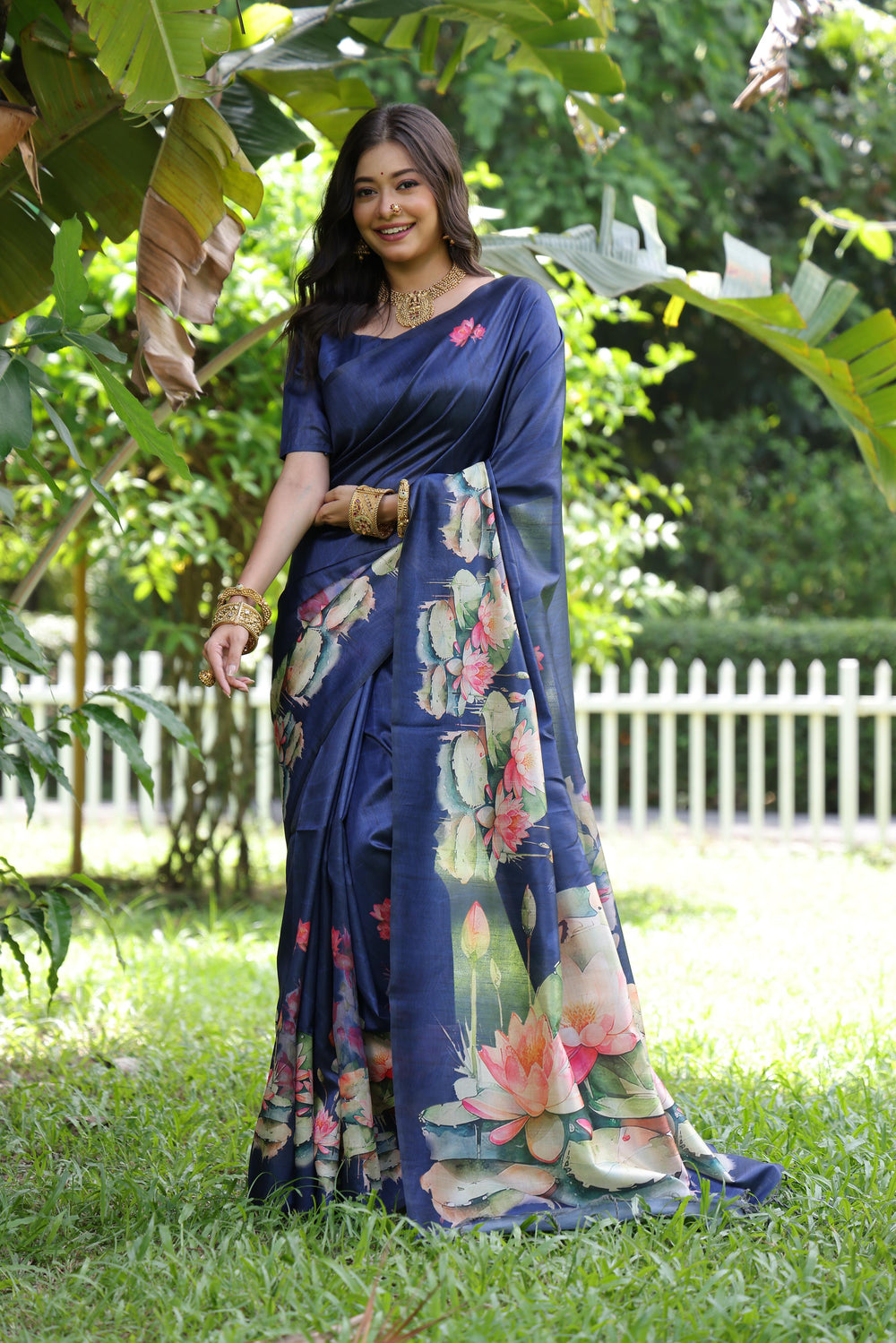 Blue Pure Soft Tussar Silk with Lotus Print Tussar Saree Tussar Saree Anant Tex Exports Pvt.Ltd..