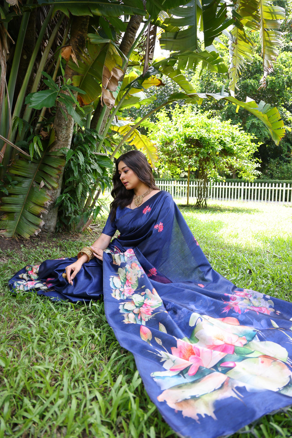 Blue Pure Soft Tussar Silk with Lotus Print Tussar Saree Tussar Saree Anant Tex Exports Pvt.Ltd..