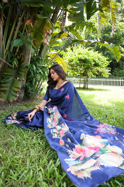Blue Pure Soft Tussar Silk with Lotus Print Tussar Saree Tussar Saree Anant Tex Exports Pvt.Ltd..