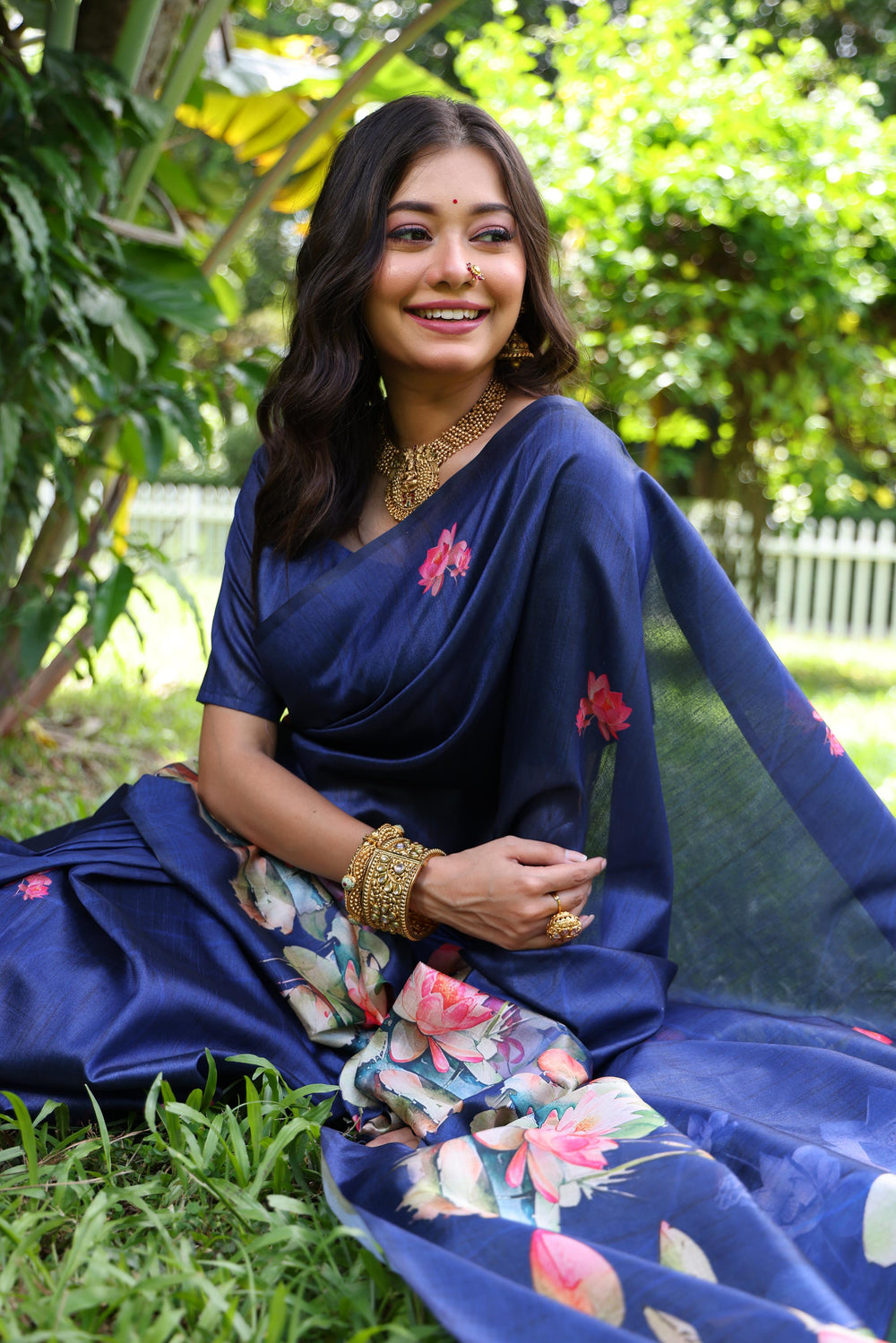 Blue Pure Soft Tussar Silk with Lotus Print Tussar Saree Tussar Saree Anant Tex Exports Pvt.Ltd..