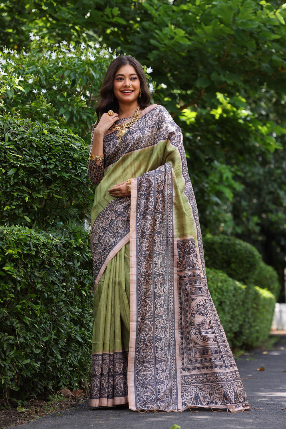 Green Pure Tussar Madhubani Tussar Silk Saree