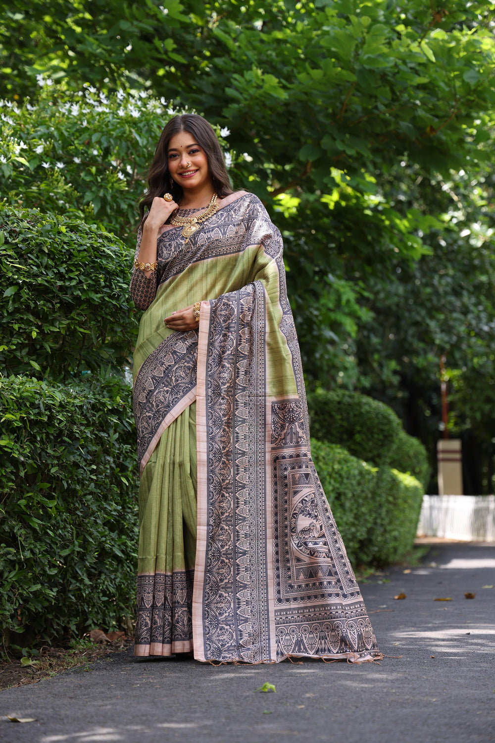 Green Pure Tussar Madhubani Tussar Silk Saree
