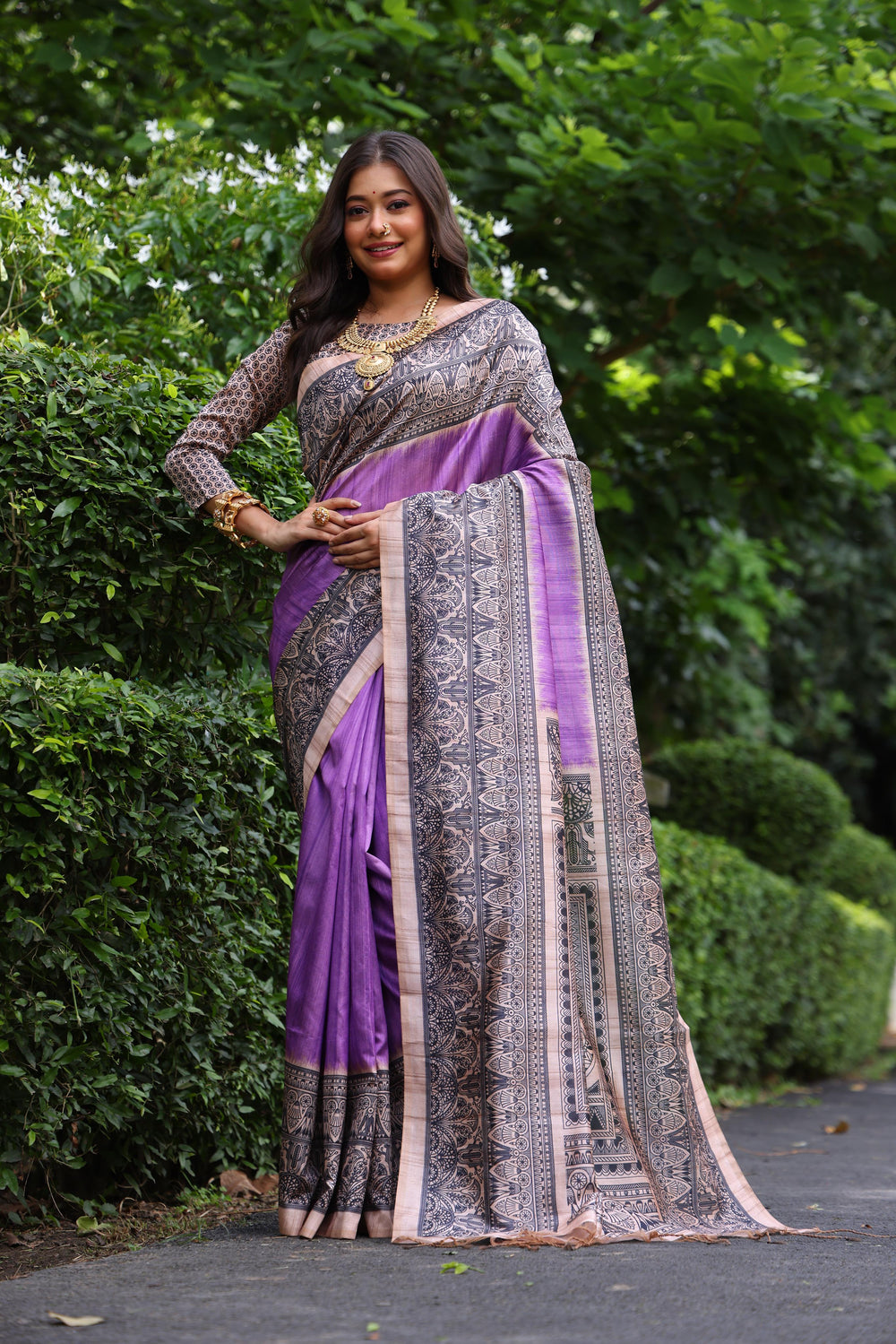 Purple Pure Tussar Madhubani Tussar Silk Saree