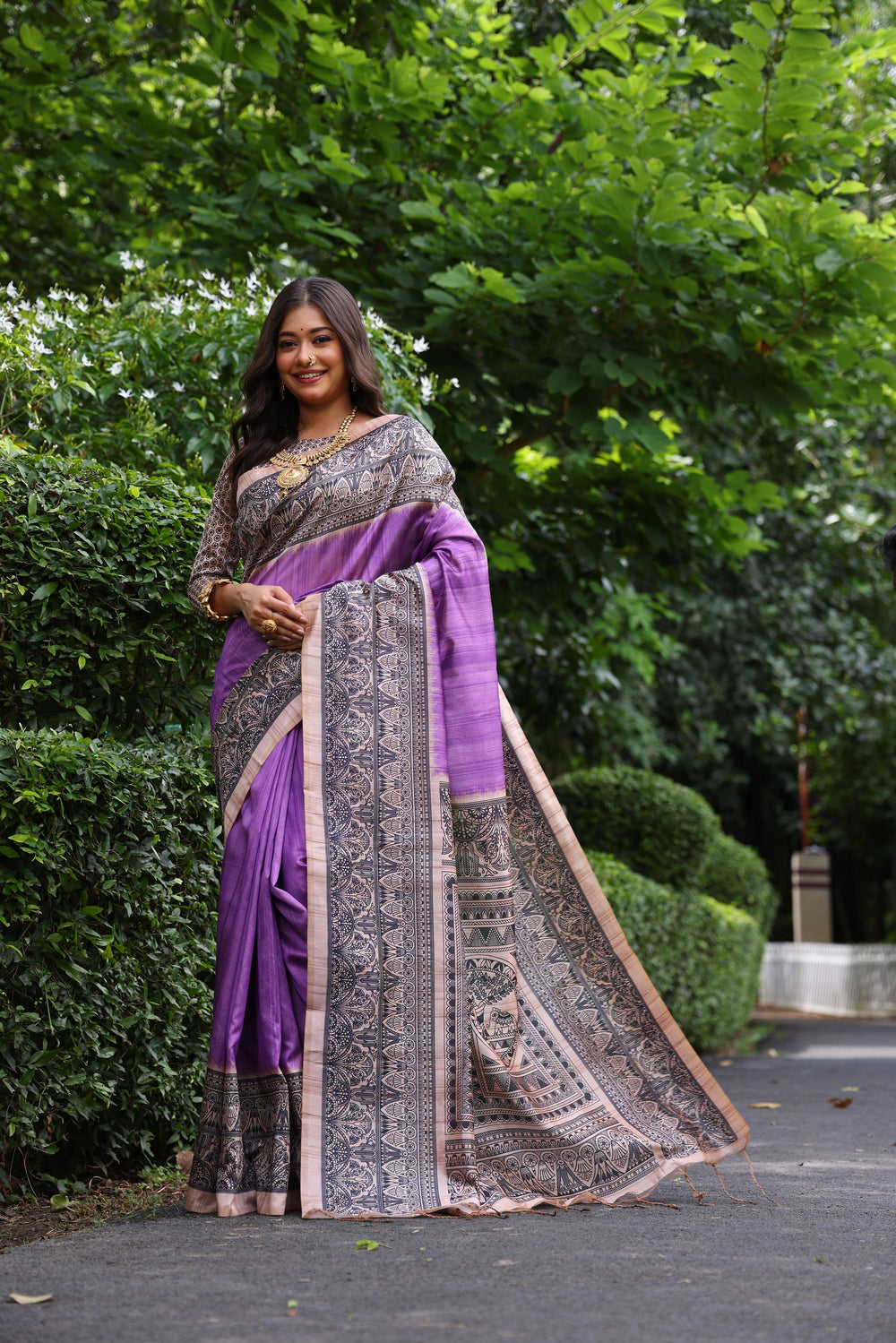 Purple Pure Tussar Madhubani Tussar Silk Saree