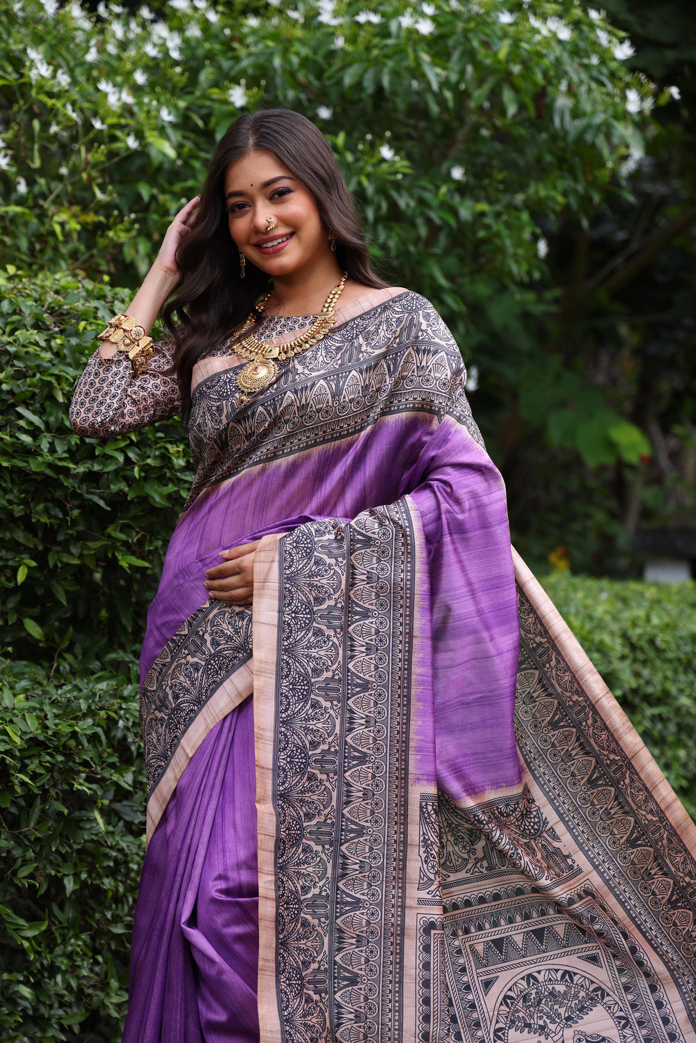 Purple Pure Tussar Madhubani Tussar Silk Saree